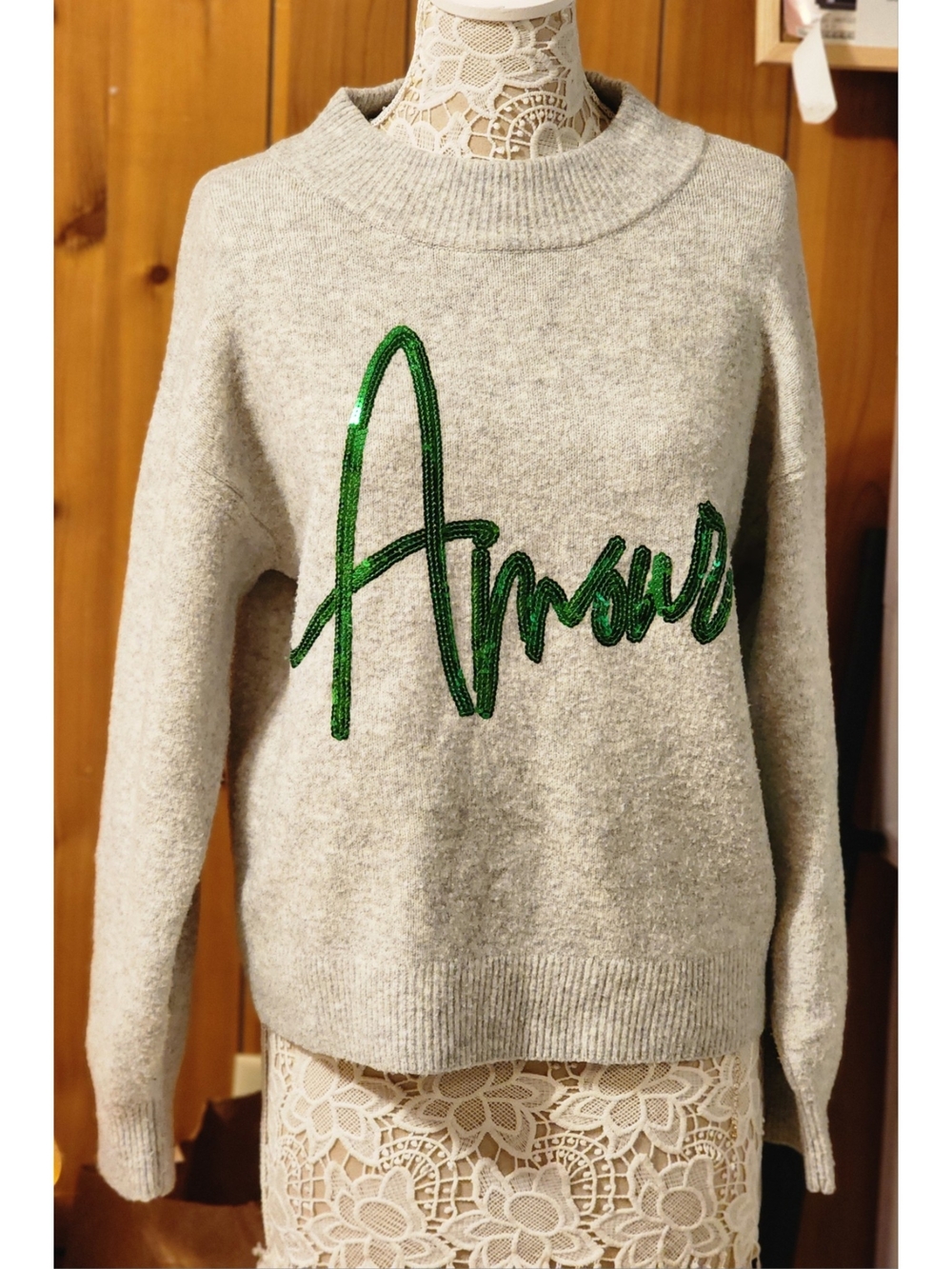 Oatmeal Grey Green Sequin "Amour" Script Pullover Sweater